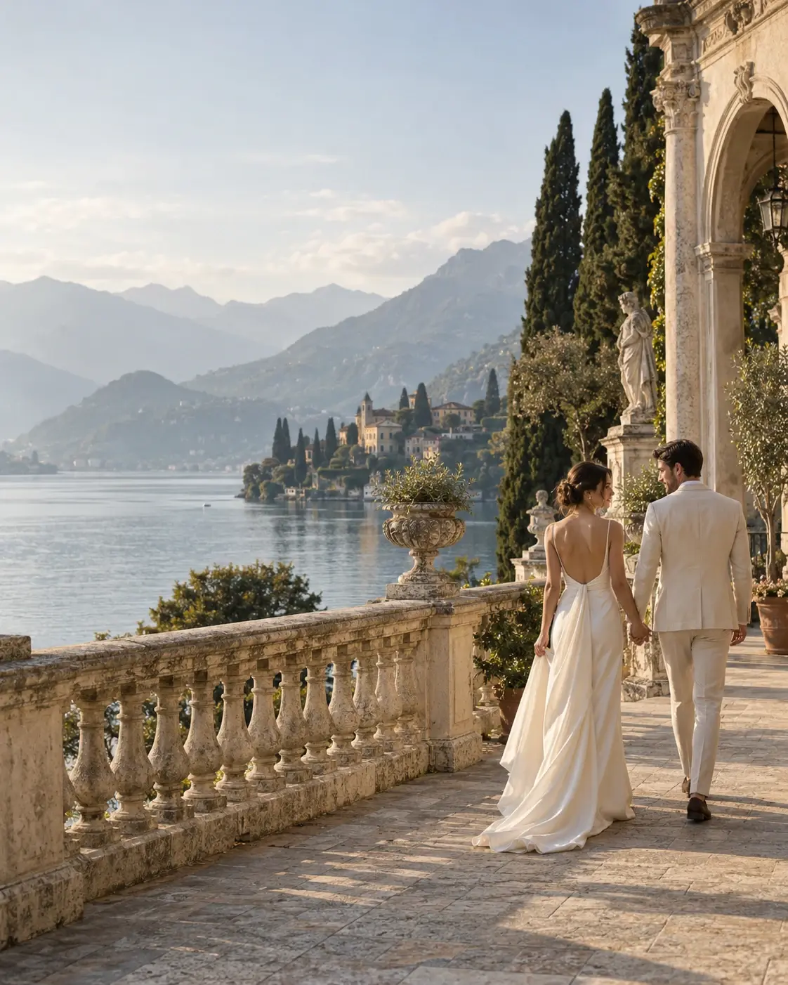 Illustrative couple walking together beside an Italian lake